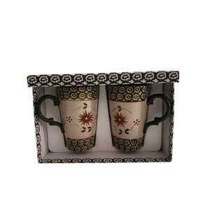 Temptation Old World Green Poinsettia Tall Coffee Mug Cup, 16 Ounce (2)